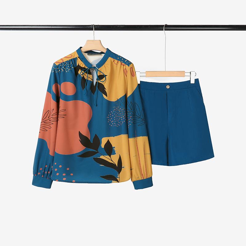 ZANZEA Women Long Sleeve Print Blouse and Shorts Casual Two Piece Suit Sets