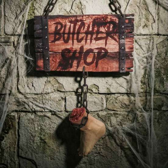 Halloween Hanging Butcher Shop Sign Sign, Horror Broken Leg Decoration Suspended Simulated Body Parts Wall Pendant for Haunted House Party Atmosphere