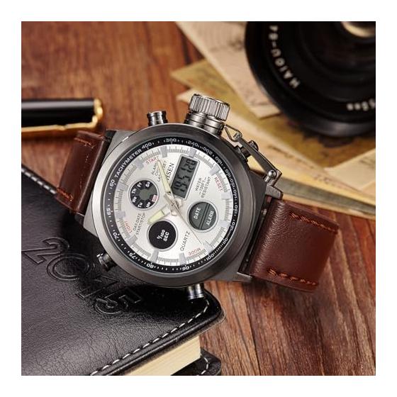 Men's Military Ana-Digital Display Waterproof: LED Genuine Leather Strap Japanese Quartz Antique Stylish Popular Men's Accessories - Father's Day,