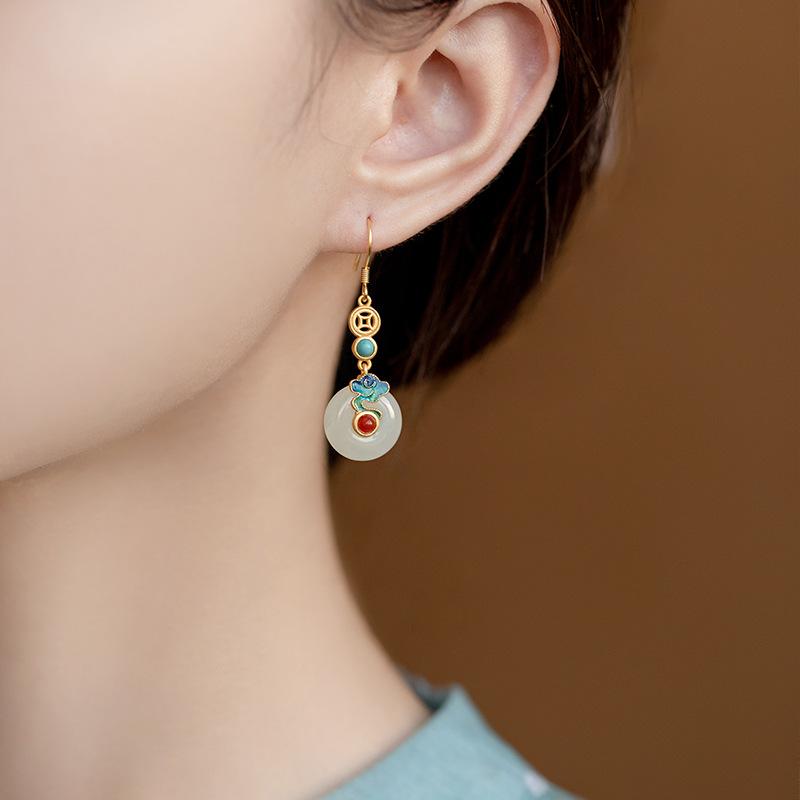 Hetian Jade Ear Hook Earring Women's High-end Temperament Ethnic Retro Earrings Cloisonne Craft Dangler Gift