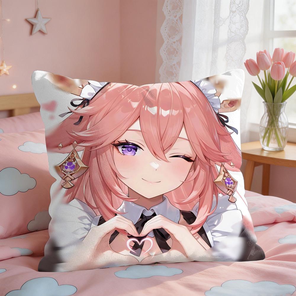 Yae Miko Genshin Impact Cushion Cover Square Short Plush Pillow Case Living Room Sofa Home Decor Funda X