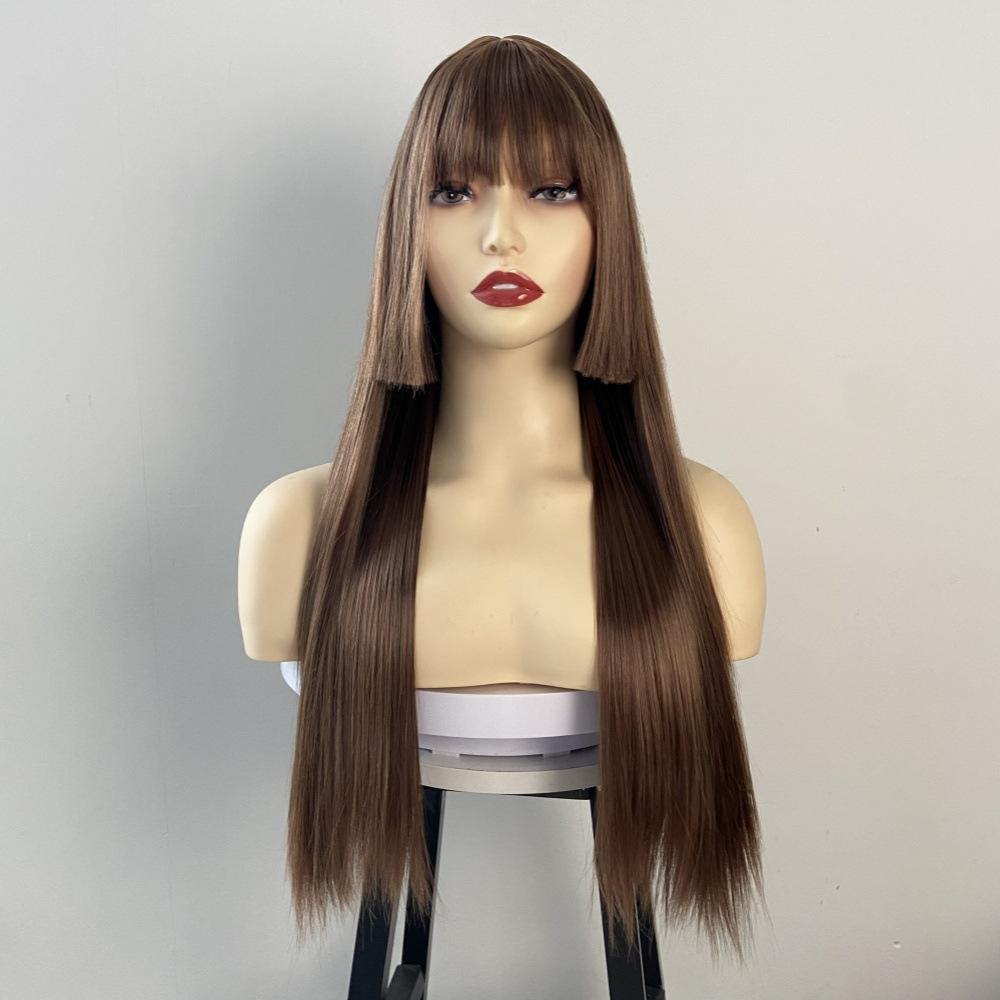 Qi Bangs Long Straight Wig Synthetic Full Head Cover Purple Hime Style Colored Hairstyle Set