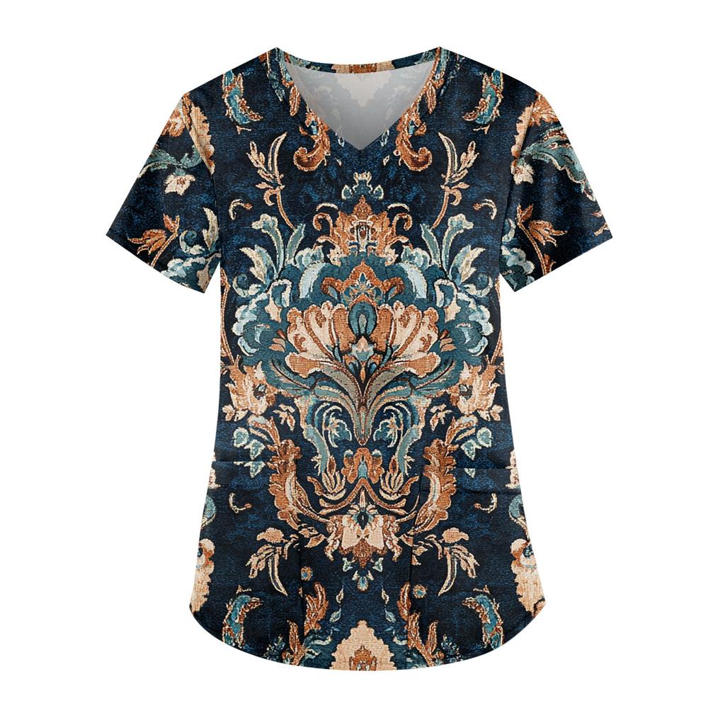 Plus Size Printed Scrub Working Uniform Tops For Women's V-Neck Short Sleeve Fun T-Shirts Workwear Tee With Pockets
