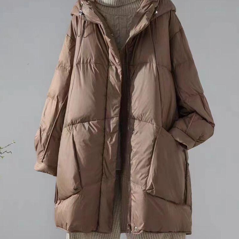 Women's Winter Mid-Length Thickened Oversized Cotton Coat, Solid Color, Loose Fit, Hooded Jacket