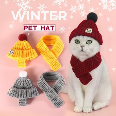 Winter Strick Woll Mütze mit Ohrenlöchern & Warmes Schal Set für Haustiere - Katze, Hund, Kaninchen Kopfbedeckung für Weihnachten & Neujahr