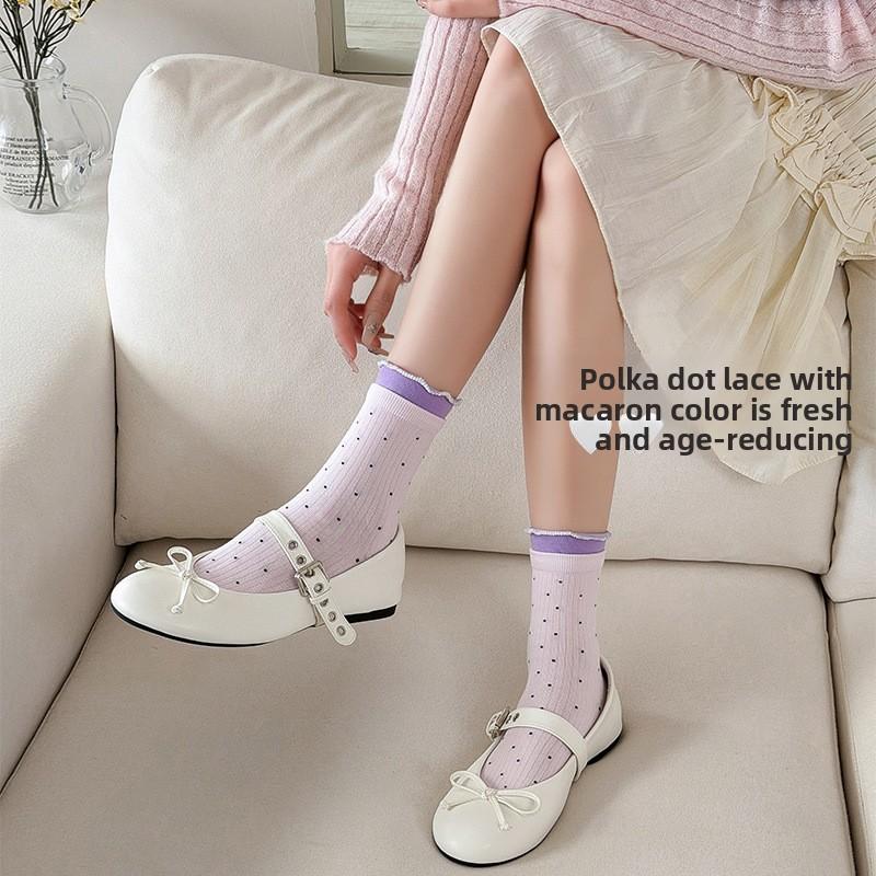 Sock - Spring/Summer Mesh Thin Style Mid-Calf Tube Socks in Colorful Lace with Cute Dots and Pure Cotton Layered Socks