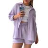 Ținute de vară 2 piese pentru femei Bluză cu mânecă lungă și pantaloni scurți cu șnur Set costum de trening Costum de lounge casual din bumbac