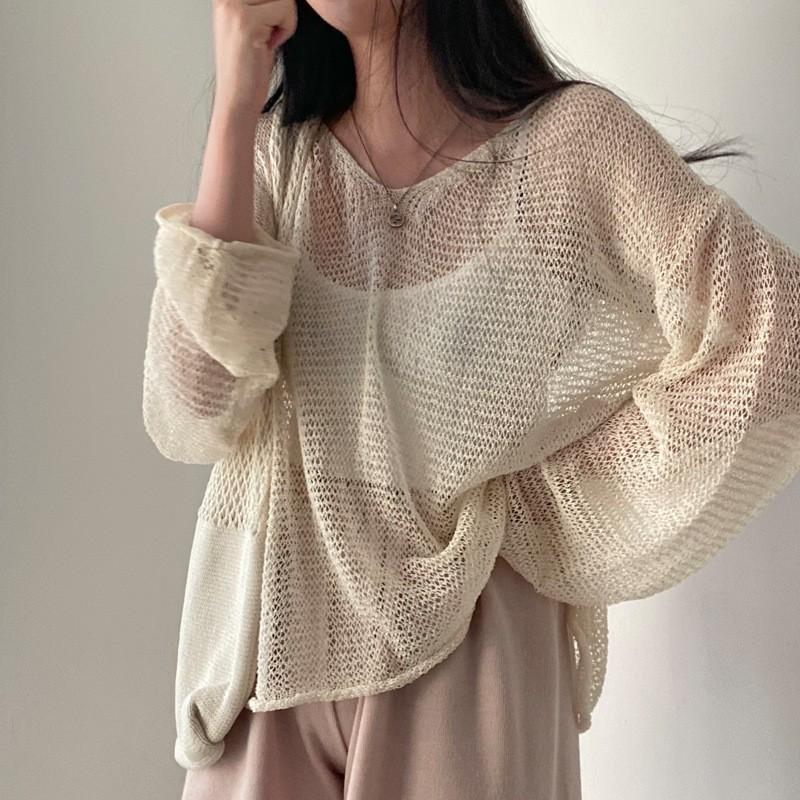Loose Long Sleeve Hollow Thin Knitted Sun  Blouse Top For Women