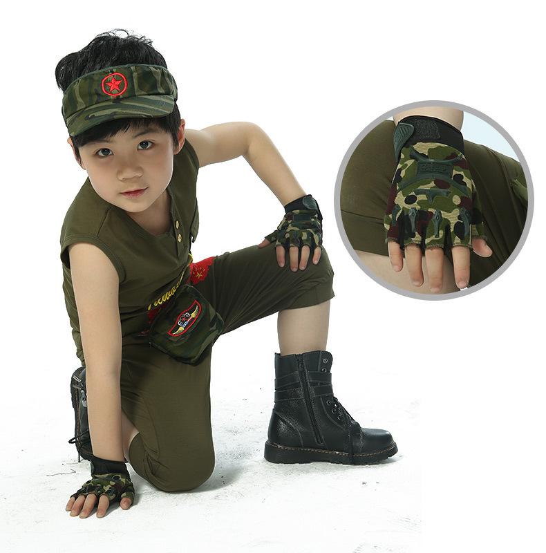 Kids' Half-Finger Camouflage Sports Gloves - Breathable & Protective for Summer Camping and Training