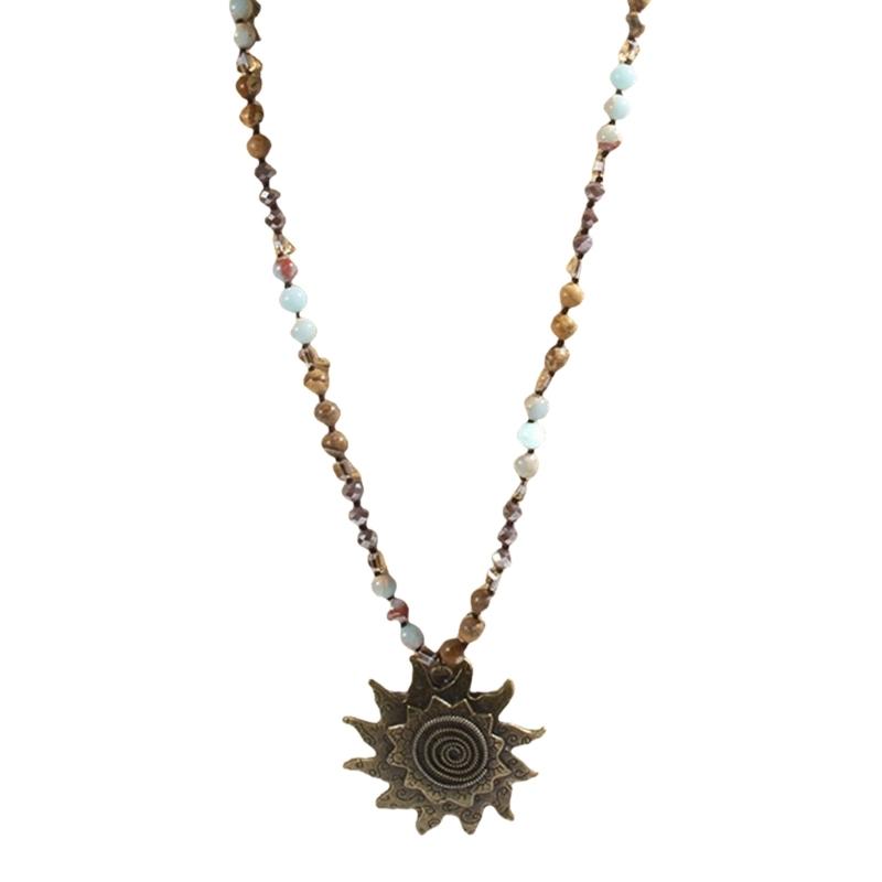 Vintage Bohemian Style Necklace Featuring 8mm Natural Stone and Glass Beads Unique Sun Pendant Neckchain for Women