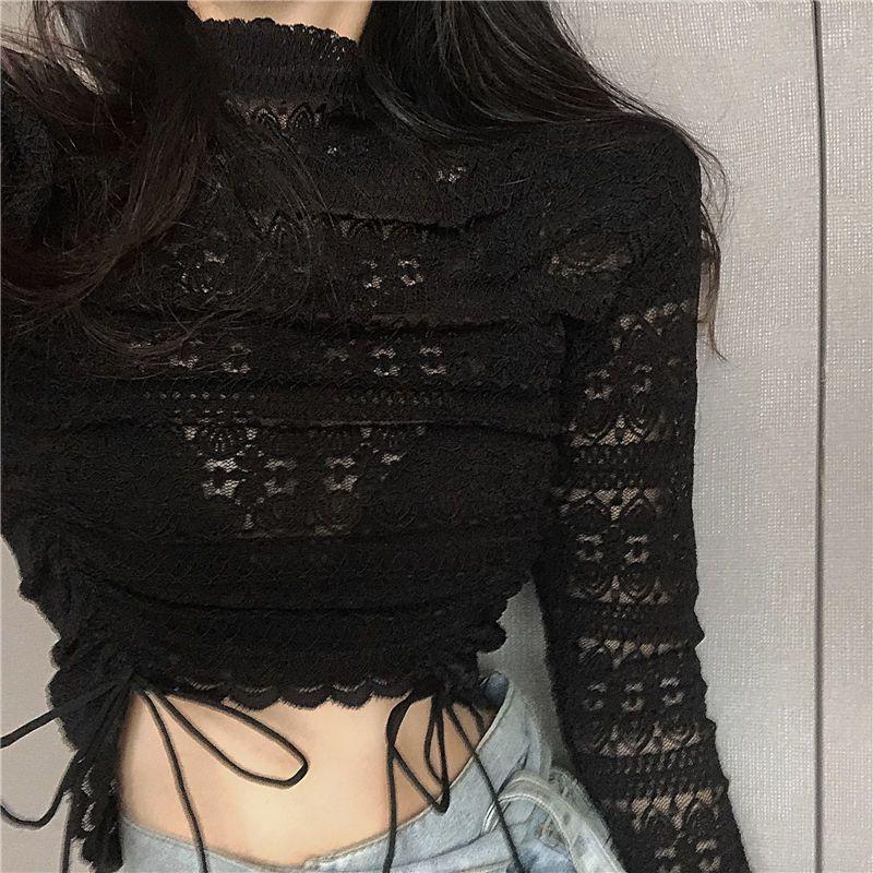 Autumn and Winter White Sexy Long Sleeve Lace Bottom Shirt Women's Short Half High Collar Versatile Top