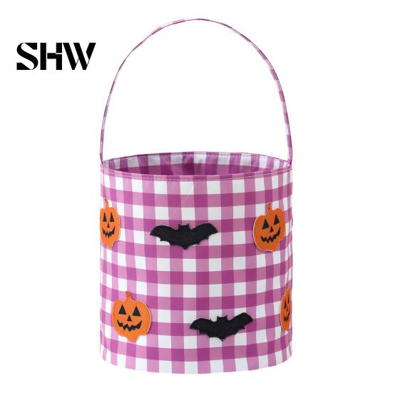 Pumpkin Party Supplies Halloween Bucket, Trick or Treat Basket for Kids Boys Girls, Plaid Containers Bat Ghost Candy Tote Bag with Handle Favors