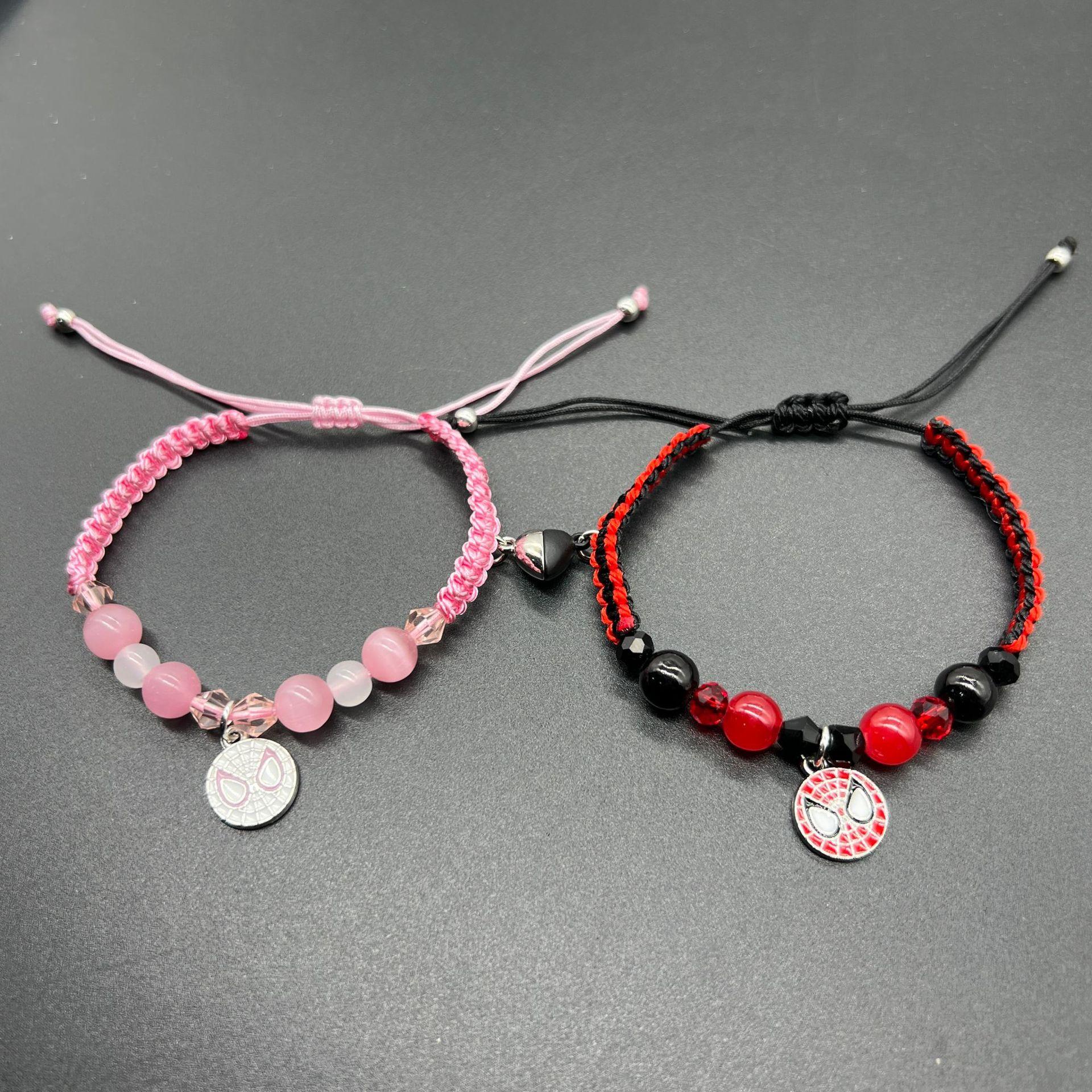 

New Spider Kitty Charm Bracelets Rope Heart Magnetic Matching Bracelets for Couples Crystal Beaded Bracelet Halloween Jewelry