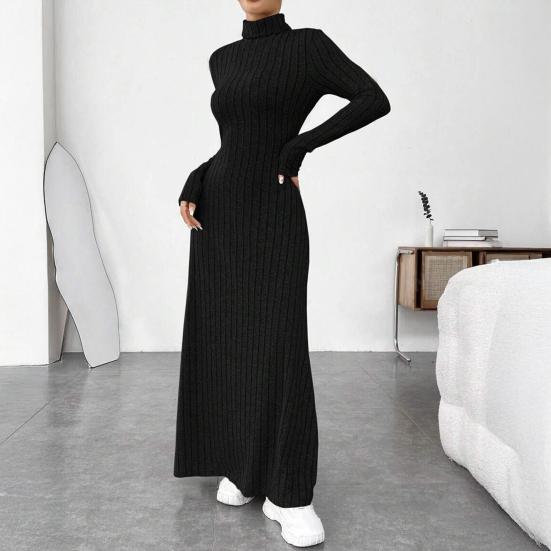 Sweater Dress for Sleeve High Neck Ribbed Women Casual Long Knit A-Line Dress Fall Winter
