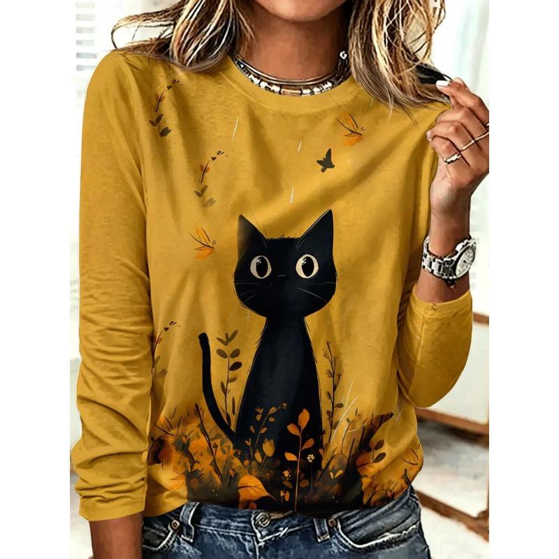 Women's Autumn and Winter 3D Variegated Printed Crew Neck Long Sleeve T-Shirt