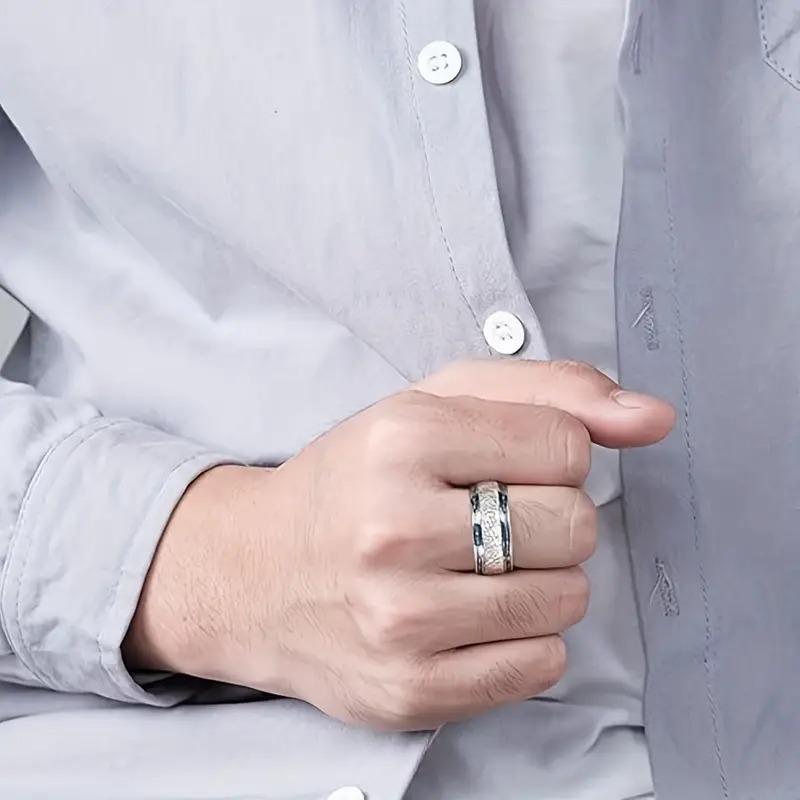 8mm Men Stainless Steel Rings with Blue Carbon Fiber And Meteorite Rings for Men Wedding Band Jewelry Gift