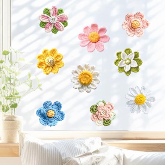 Crochet Yarn Flower Window Cling Waterproof PVC Double-Sided Knitting Flower Static Glass Sticker Spring Summer Decoration Decal