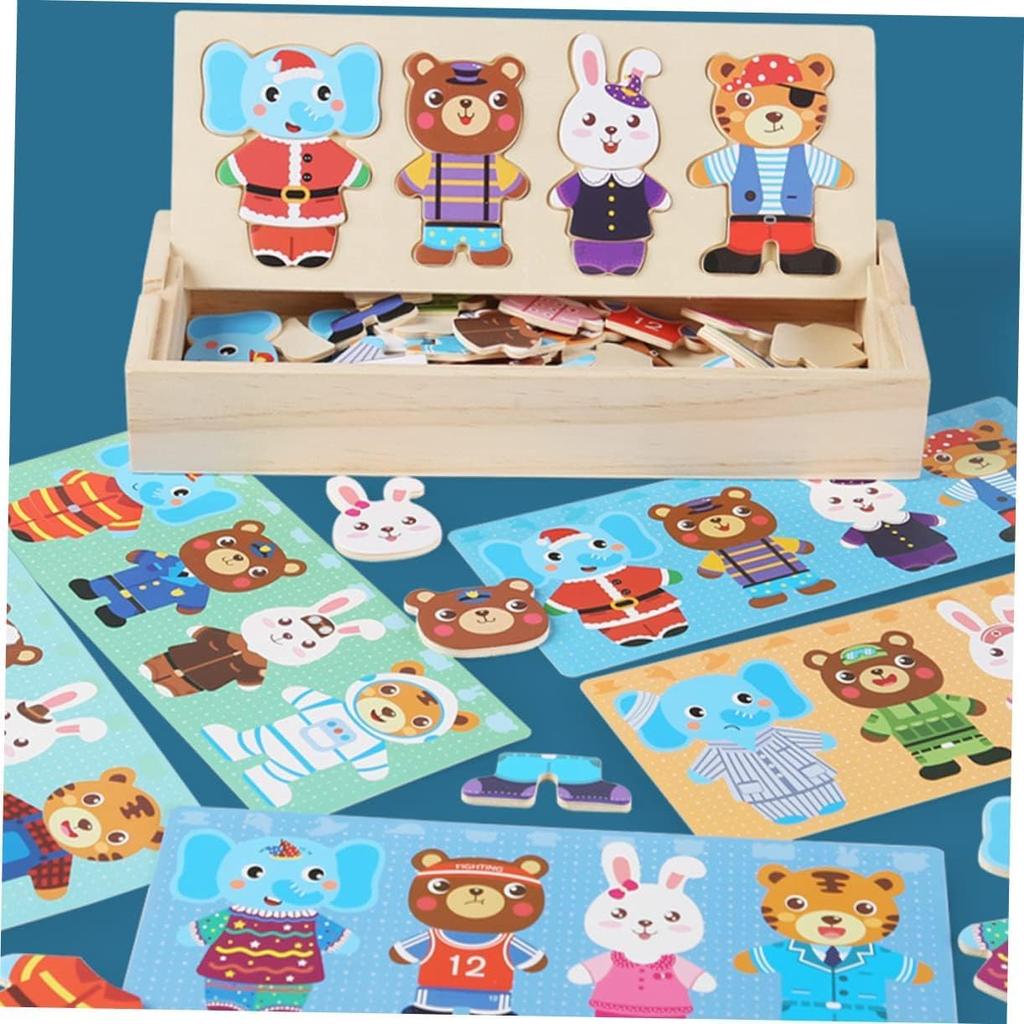 Toys Wooden Dress Up Puzzles Montessori Animal Bear Change Clothes Jigsaw Puzzle Box Matching Games Dressing Kid's Travel Set