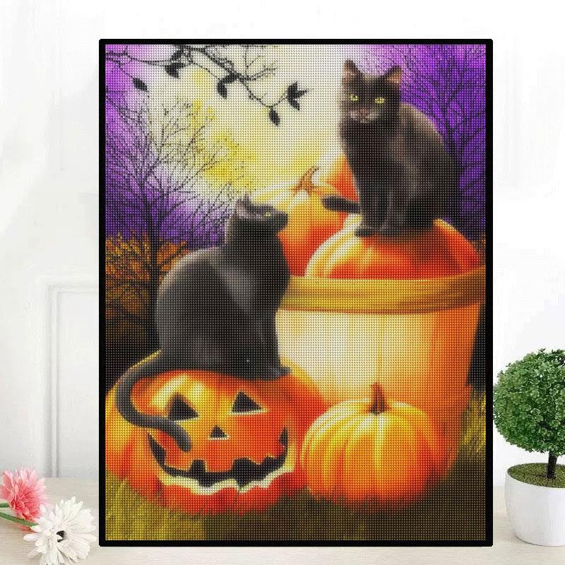 5D DIY Diamond Painting Pumpkin Cat Full Round Embroidery Halloween Mosaic Creative Hobbies Decoration For Home 30x40cm/12x16inch