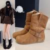 New Retro Beauty 2025 Slim Pile Inner Heightening Boots Women's Autumn Pleated Rad Belt Buckle Brown Short Boots