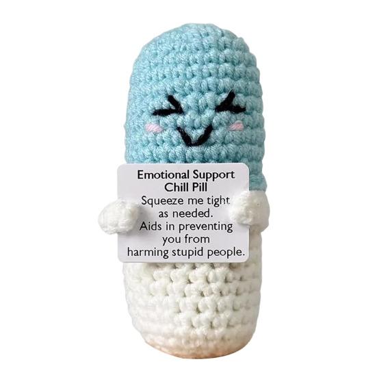 Crochet Chill Pill with Positive Card Handmade Yarn Mini Knitting Happy Pill Doll Stress Relief Toy Home Office Desktop Decoration Ornament