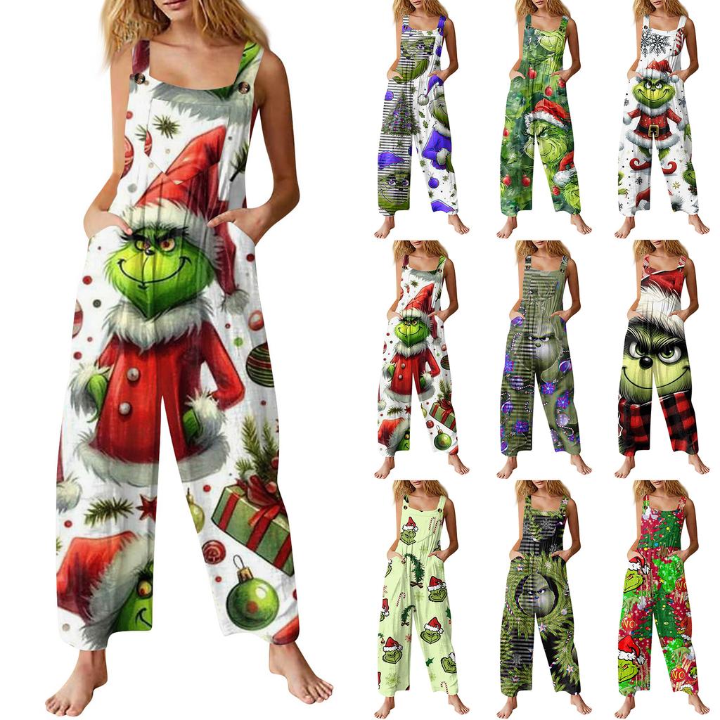 Women's Fashion Christmas  Print Casual Retro Sleeveless Button Jumpsuit