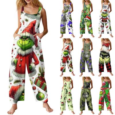Women's Fashion Christmas  Print Casual Retro Sleeveless Button Jumpsuit