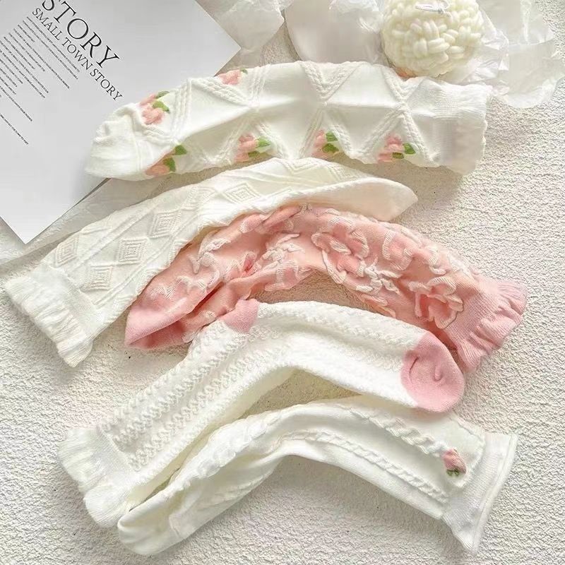 5 Pairs Cute Lace Mid Tube Socks Women's Lolitajk Ruffled Harajuku Style Autumn Winter Soft Versatile Fashionable Girl Socks
