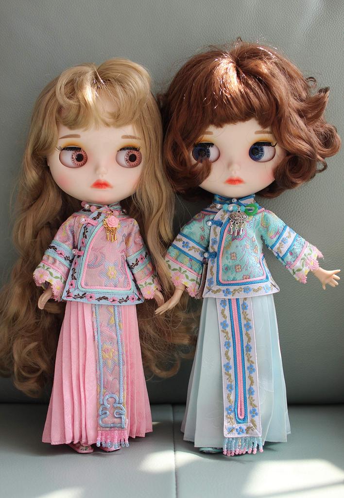 Dolly Para Blythe Costume OB24 Pink Chinese Dress Floral Embroidery Azone Obitsu Compatible