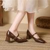 Fashion Mary Jane Leather Shoes Spring and Autumn New French Square Toe High Heels Retro One-piece Belt Shallow Mouth Single Shoes Women
