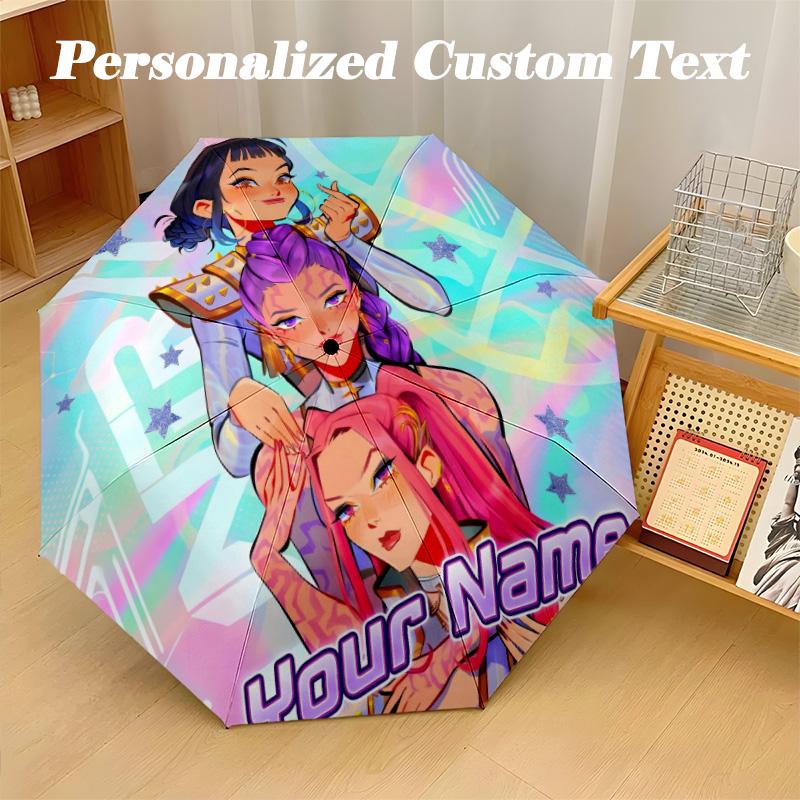8 Rib Auto Folding Umbrella Kpop Demon Hunters Print Custom Name Text Portable Rain Gear