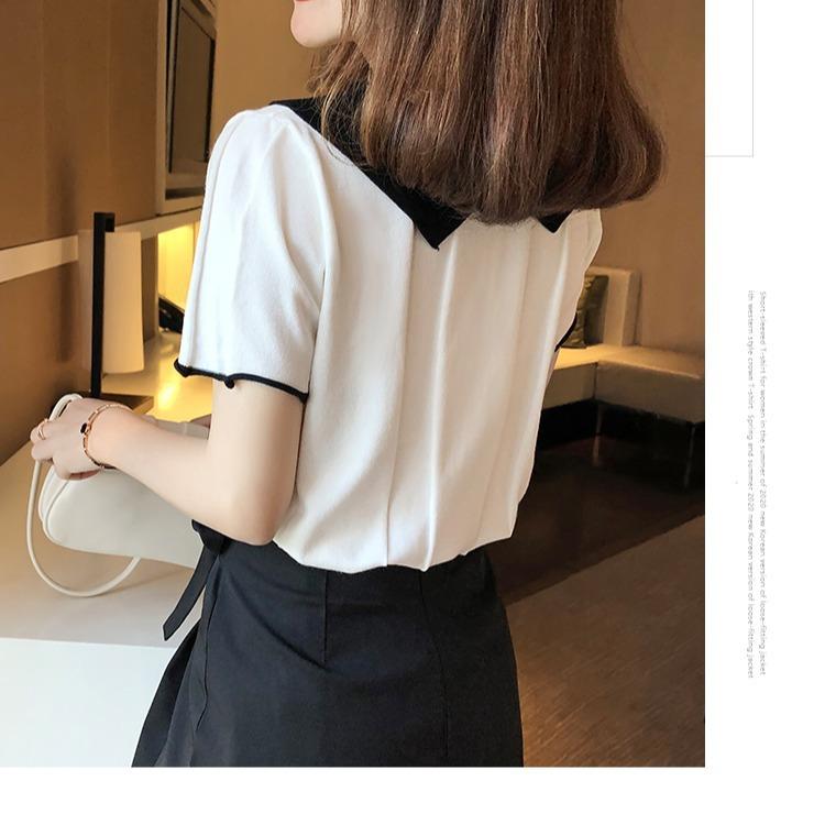 Knitwear Summer Loose Foreign-style Knit T-shirt Women's Black and White Colorblocking Short-sleeved Tops Casual Essential Slim Fit Pullovers Tees