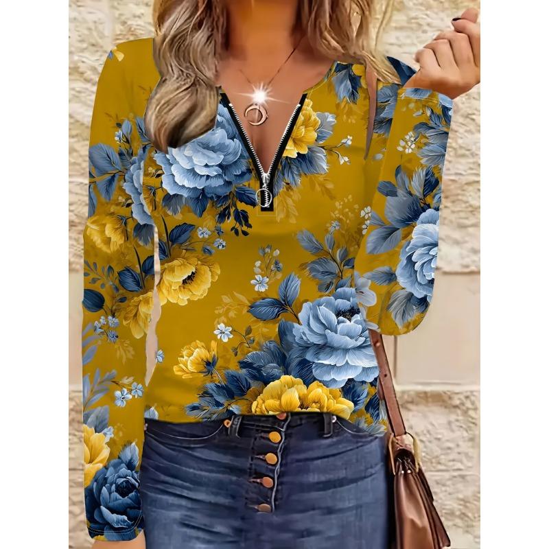 Flower Pattern Zipper T-shirt, Casual Long-sleeved Top, Suitable for Spring and Autumn, Suitable for Home and Outdoor Wear