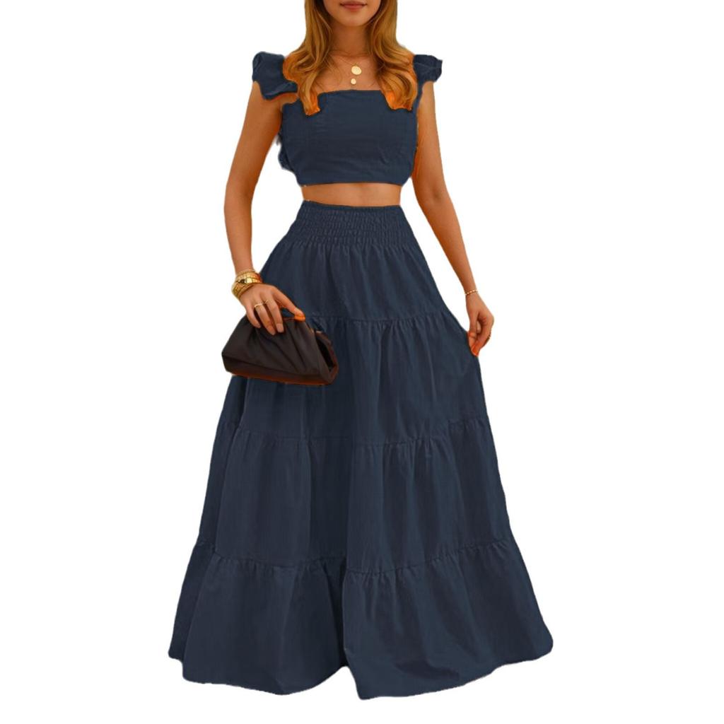 Sommer 2026 Europäisches und Amerikanisches grenzüberschreitendes neues Temperament sexy einfarbig mittlere Taille Träger großes Schwingen zweiteiliges Anzugkleid