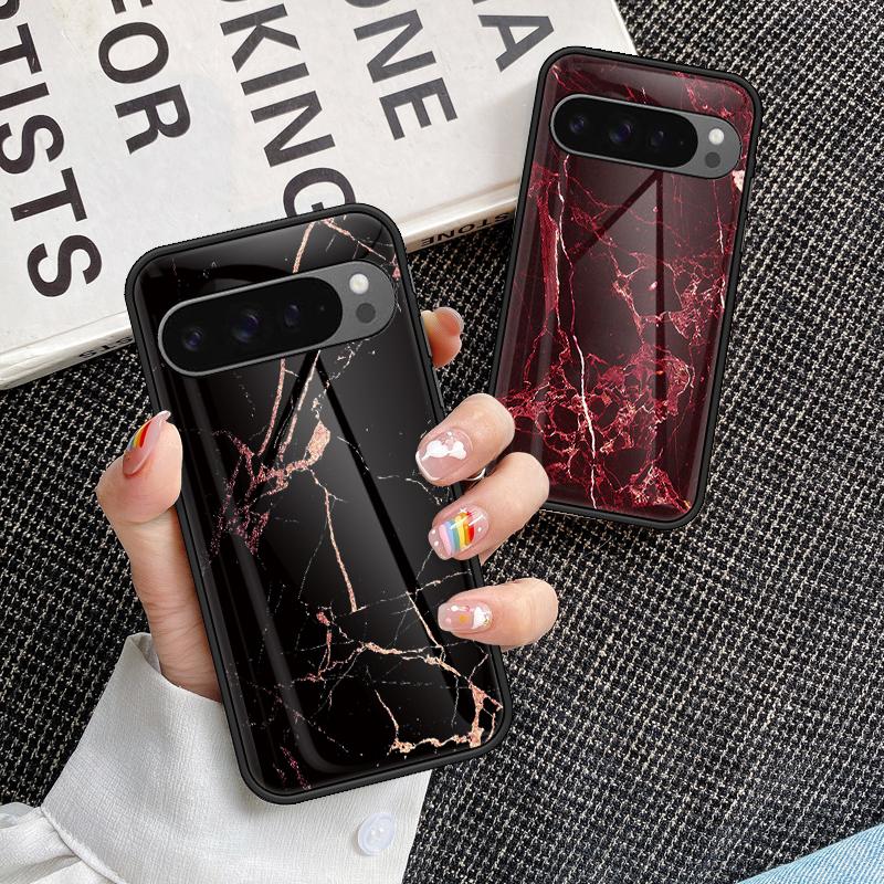 For Google Pixel 9 Pro XL Case Marble Pattern Tempered Glass+PC+TPU Protective Phone Cover