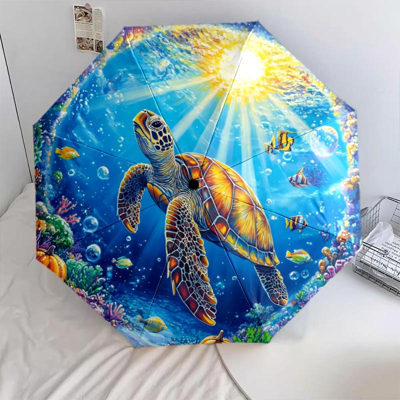 Sea Turtle Pattern, Automatic Folding Umbrella, Portable and Foldable Design, 8 Ribs, a Christmas or Birthday Gift.