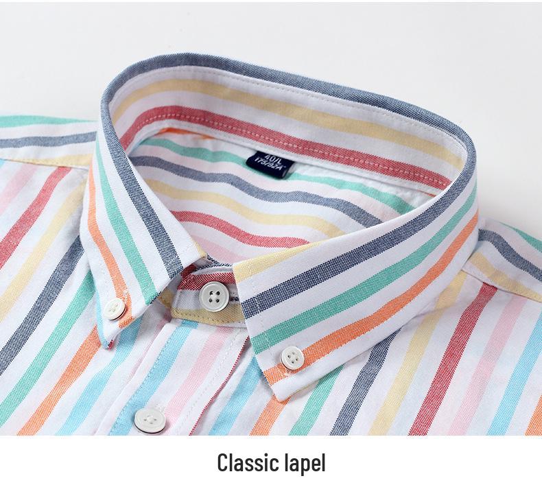 Men's Summer Striped Short-Sleeve Cotton Shirt with Turn-Down Collar