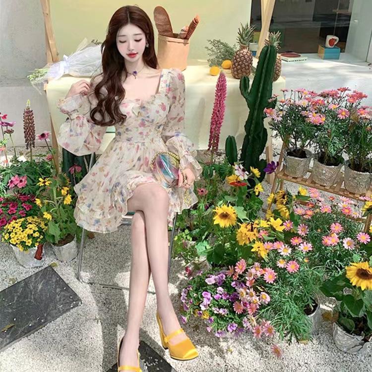 Original practice + chest pad + lining, super fairy temperament sweet girl dating dress, heavy industry high waist and thin floral skirt