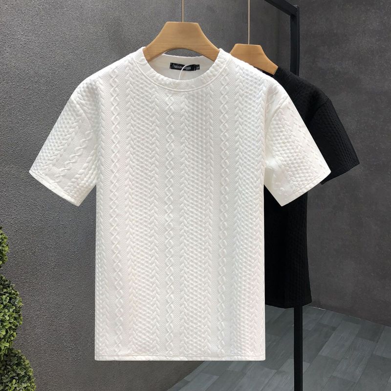 

2024 New Summer Retro Korean Style Striped Knitting Solid Color T-shirts for Men Handsome O Neck Short Sleeve Chiffon Y2K Tops XXXL чорний