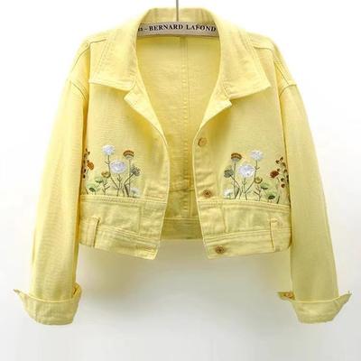 Chic Floral Embroidery Crop Denim Coats Women Lapel Long Sleeve Single Breasted Jeans Jacket Vintage Streetwear Female Outerwear