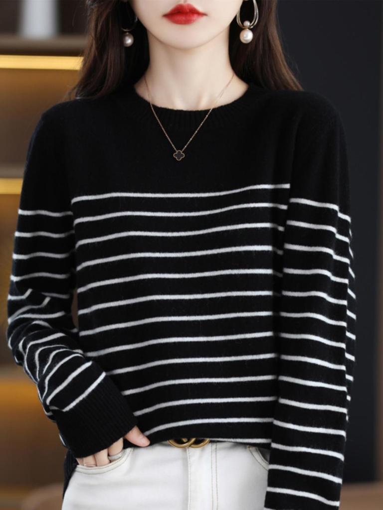 Women's Wool Round Neck Sweater - Autumn/Winter Striped Loose Knit Base Layer