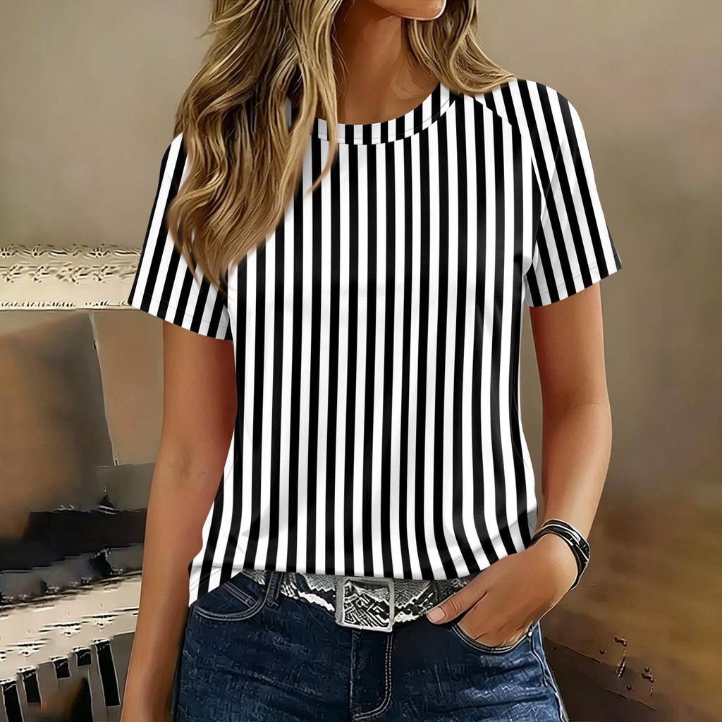 Maglione da Donna a Maniche Corte Raglan con Collo a Strisce Stampa Casual Estiva alla Moda Blusa Tunica Top per Outfit Quotidiano da Donna