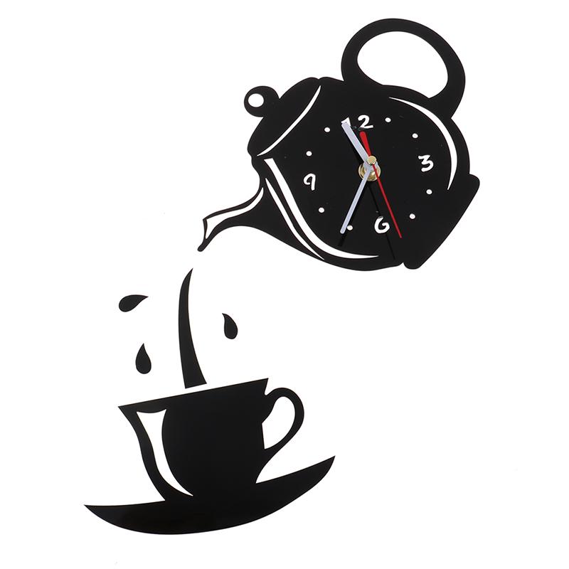 Diy Acrylic Coffee Cup Teapot 3D Wall Clock Decorative Kitchen Wall Clocks Decor