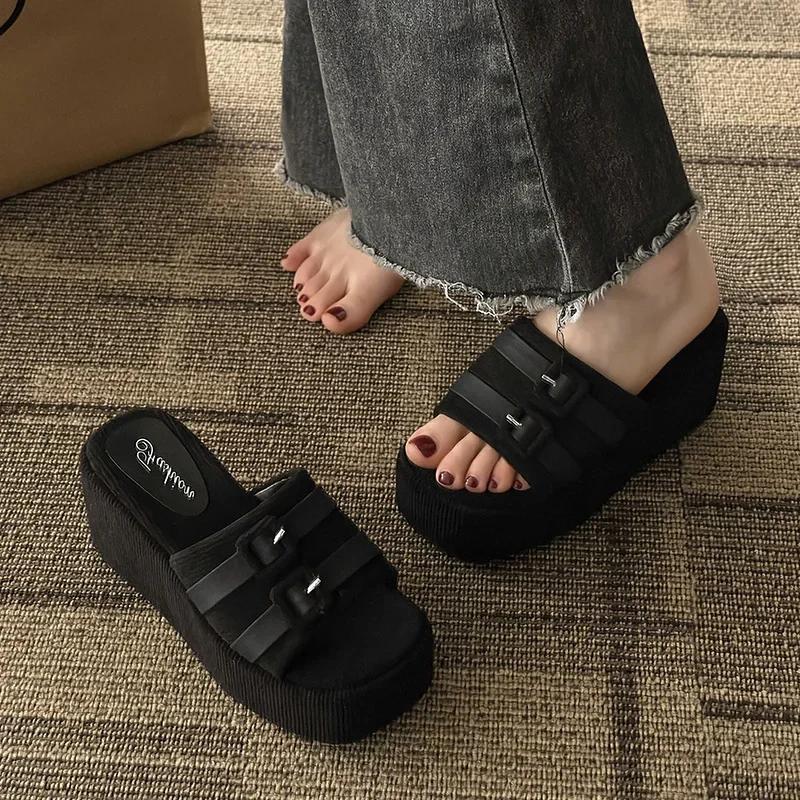 Square Head Platform Slippers Belt Buckles Corduroy Open-toe Women Sandals Summer New Designer Shoes Fashion Wedge Sandals
