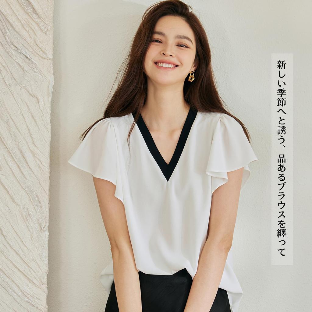 Chiffon Shirt Short Sleeve Ruffle Solid Loose Wear [POGCZMKK] Women's Top, Pullover, V-Neck, Blouse, Color, Fluffy, Fit, Slimming, Elegant,