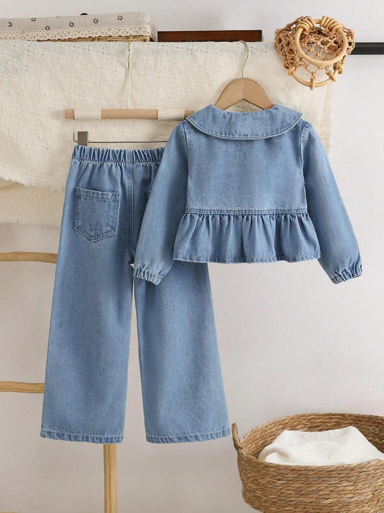 Sweet and Cute Two-piece Set for Girls: Doll-collar Top Paired with Simple, Stylish, and Casual Denim Trousers.