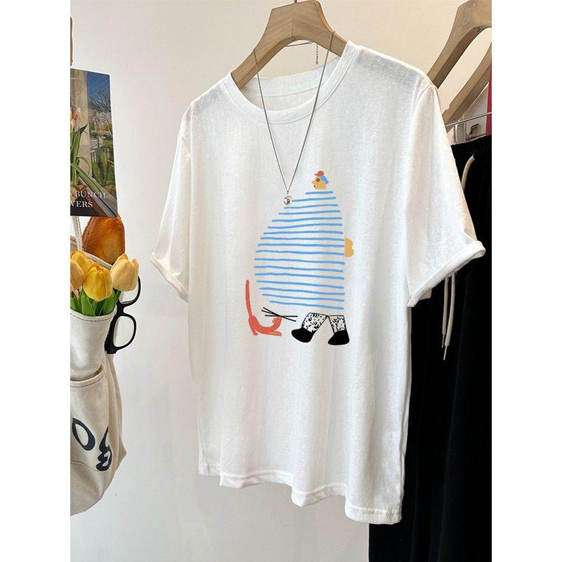 Fat Sister 100.00kg Plus size Korean Series Western Style Cartoon Cool Snowflake Cotton Short sleeve Women Summer Loose Slimming T-shirt Top