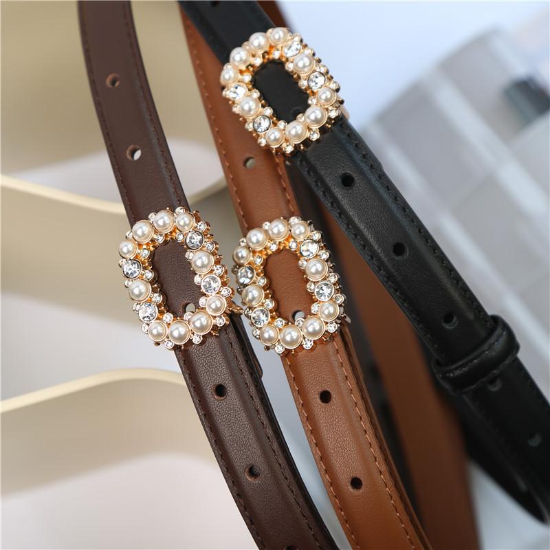 Top grain leather belt with pearl and rhinestone buckle - women's belt waist cincher