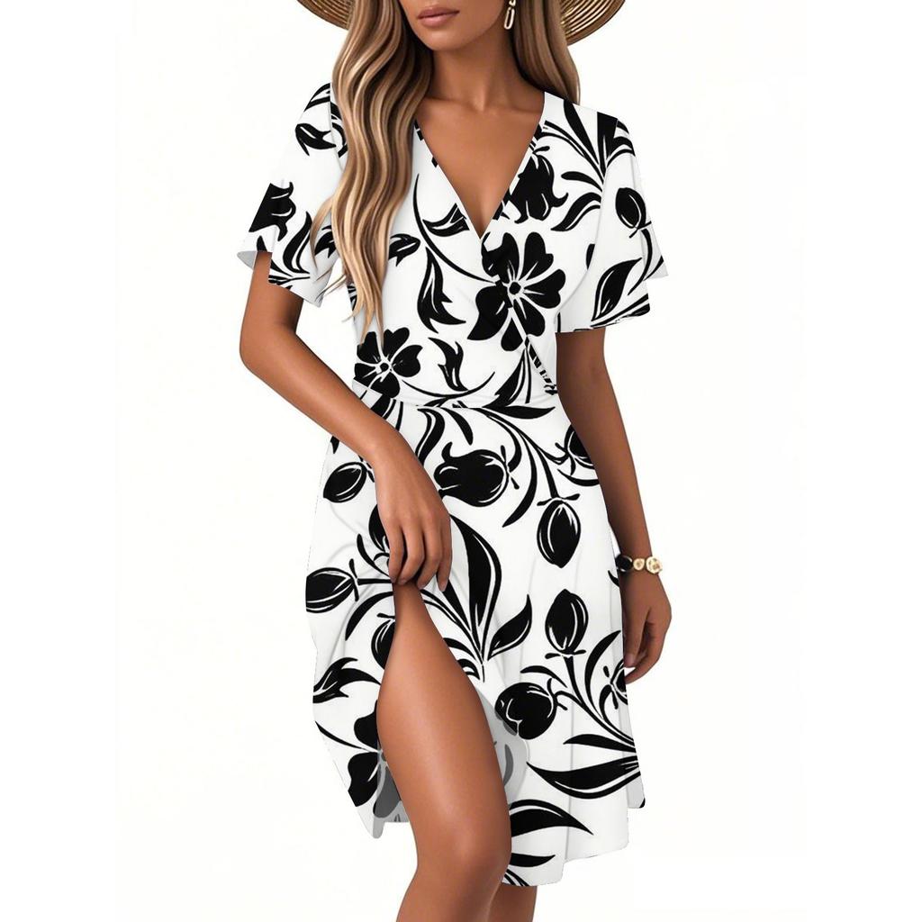 Women's Casual Fashion Dress Vintage Floral Floral Short Sleeve V-neck Dress