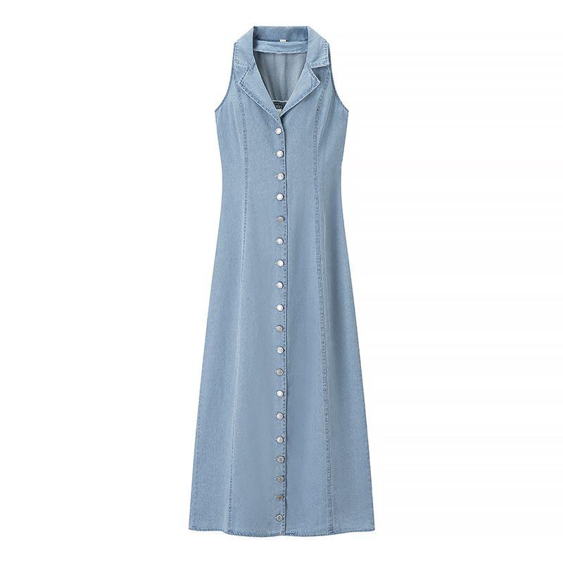 

Kaslead New Women clothes Western Style Fashion Blue Sexy Button Denim Long dress Dress Blue L